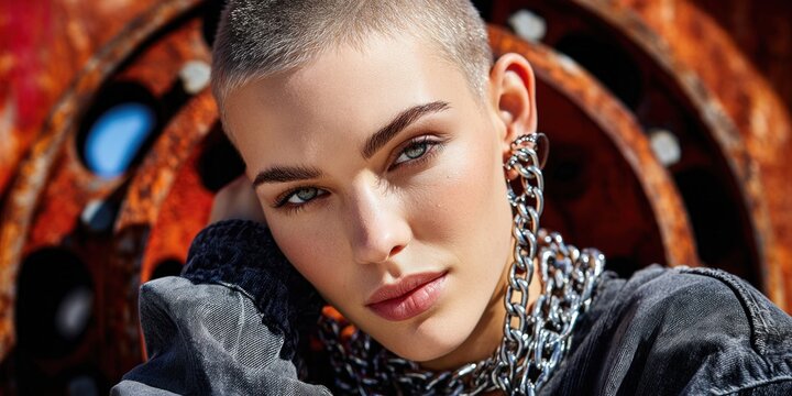 Young woman with short hair and striking makeup wears large chain necklace and denim jacket