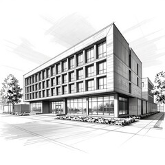 Fototapeta premium Architectural Sketch of Modern Commercial Building with Glass Windows and Landscaped Entrance Area in Black and White Line Drawing Style