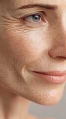 Fototapeta premium Close-up of a mature woman's face showing wrinkles and freckles with a gentle smile