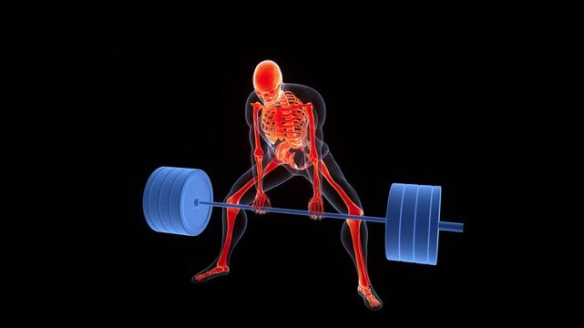 Human Lifting Heavy Barbell with Weights in Sumo Deadlift Anatomy Animation Concept