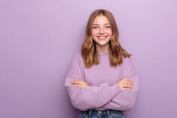 Fototapeta premium cheerful teenager in cozy hoodie stands confidently against pastel lilac background