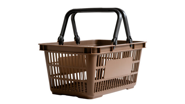 Brown plastic shopping basket with black handle angled view