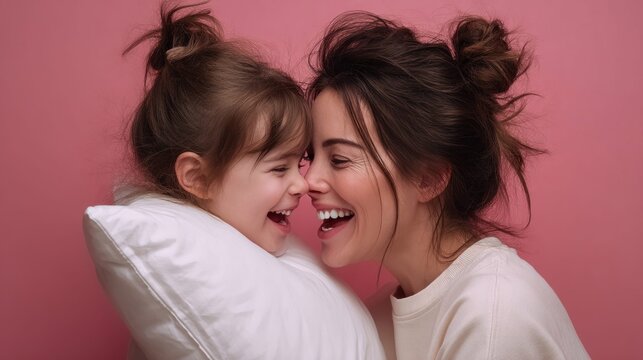 Mother and daughter sharing a joyful moment, touching noses and laughing heartily