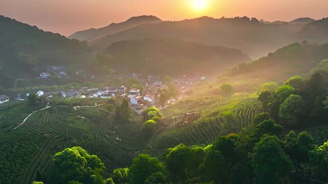 Sunlit Rural Landscape with Tea Plantation
