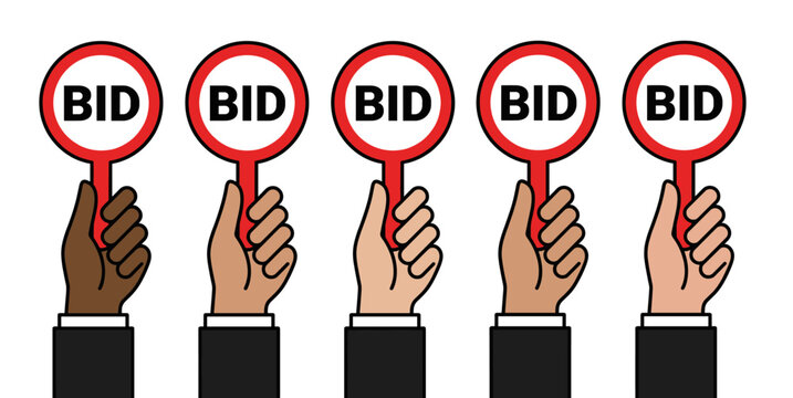 Auction bid paddle set with hand holding round sign for sale