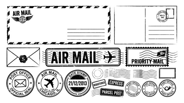 Air mail envelope set with postcard postage stamp and postmark