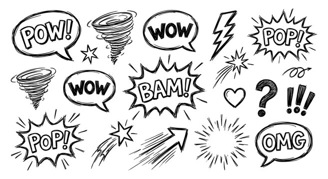 Comic doodle set with speech bubble pow wow bam pop omg