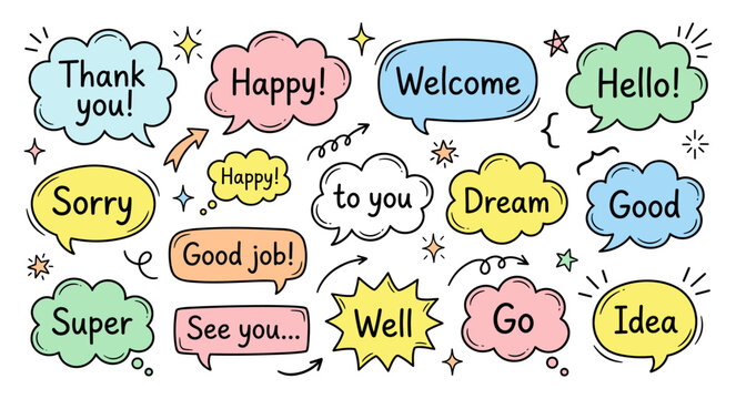 Speech bubble doodle set with hand drawn hello thank you message