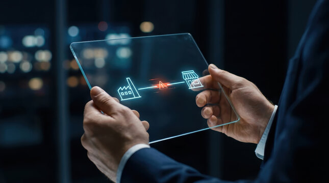 Supply chain disruptions logistics concept glass tablet showing factory and store link in office at night hands holding transparent screen symbolizing freight delay risk technology and concern