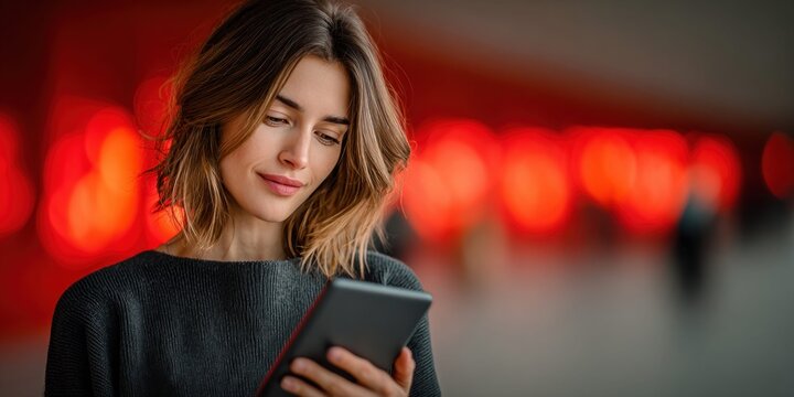 Young woman looking at her tablet with a soft smile, blurred red lights in background