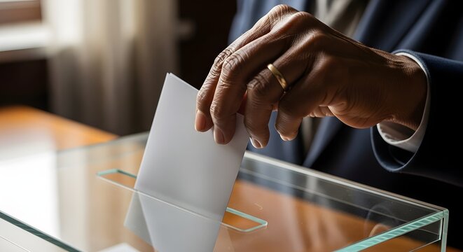 Hand Casting Vote In Transparent Ballot Box During Election