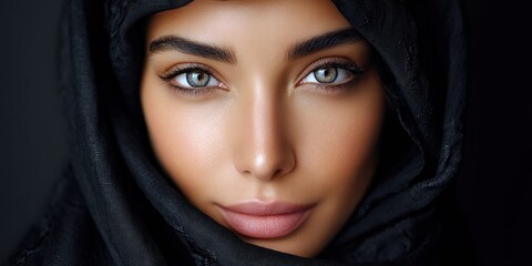 Naklejka premium Elegant Saudi woman with striking eyes and subtle smile, veiled in black fabric