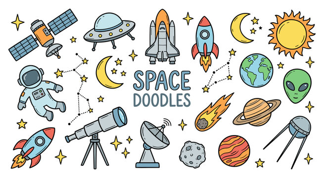 Space doodle set with astronaut rocket alien and planet