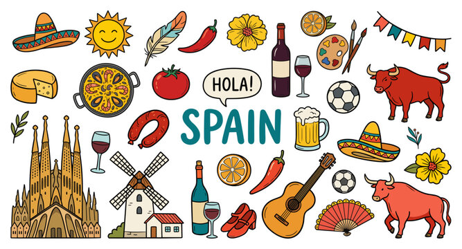 Spain doodle set with bull paella guitar and sagrada familia