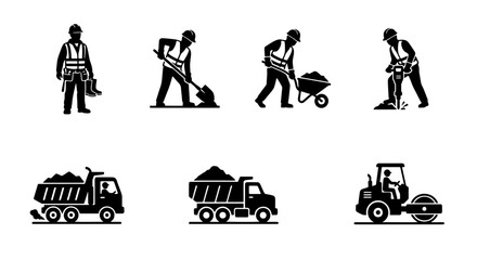 Construction worker icons, builder silhouette set, industrial machinery vector © Rajib