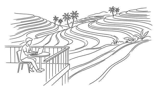 Digital nomad with laptop on balcony and rice terraces hand drawn sketch