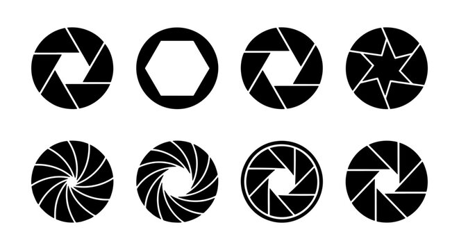 Camera shutter icons, 8 aperture blade vectors, photography lens symbols