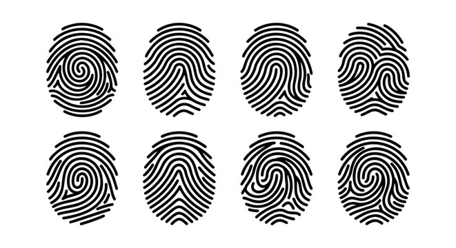 Biometric fingerprint icon set, 8 black vector thumbprint symbols for security