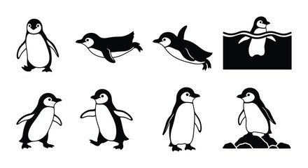 Black Cute Penguin Bird Silhouette Set Vector Illustration Collection Isolated on White Background © selena