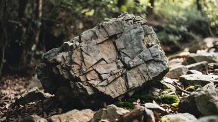 Fototapeta premium Large rough rock formation with fractured surfaces in a forest setting Keywords: rock, stone, boulder, geology, nature, forest, outdoors, rough