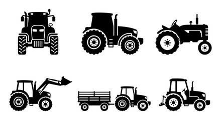 Tractor silhouette icons, farm machinery set, agricultural vehicle vectors © Emon