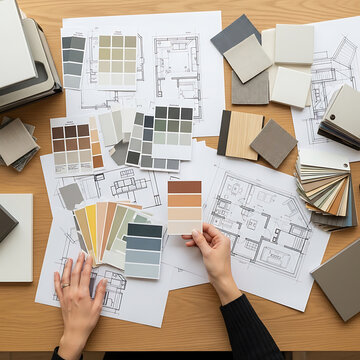 Architect designer Interior creative working hand drawing sketch plan blue print selection material color samples art tools Design Studio