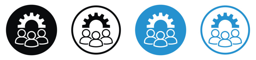 Fototapeta premium Three person silhouettes with a gear overhead. Concept for workforce management, team coordination, human resources, leadership, and operational group efficiency.
