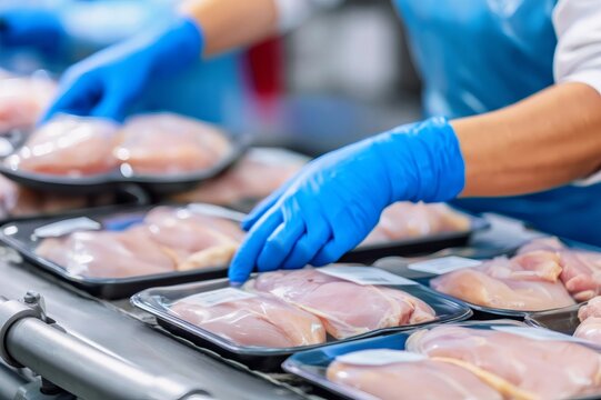 Worker hands packaging raw chicken breasts in food factory