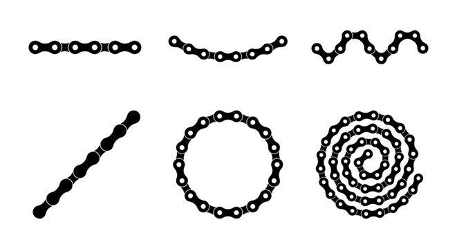 Bicycle chain vector set, black bike chain links, industrial metal icons