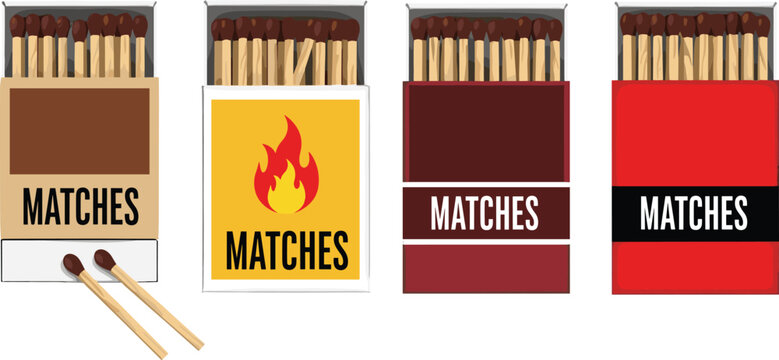Matches Box Set Illustration Featuring Different Packaging Styles with Classic Red, Yellow, and Flame Designs in Vector Format