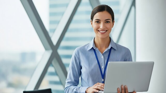 Professional Young Caucasian Female Event Coordinator with Laptop and Lanyard