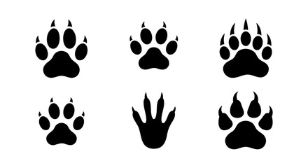 Fototapeta premium Animal paw prints with claws, 6 black predator track icons, vector set
