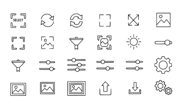Set of photo editing and user interface icons including crop resize filter adjust and image tools in outline design collection