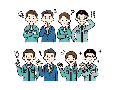 困りごとが解決した、社長と作業服を着た男女の社員・従業員の上半身ベクターイラスト素材セット