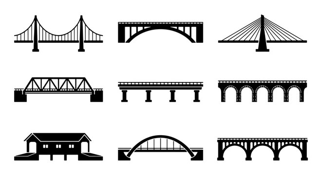Bridge icons set, 9 architecture vector silhouettes, infrastructure symbols