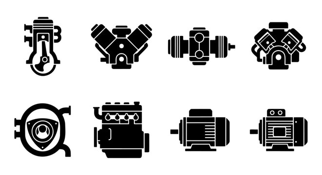 Mechanical engine icons set, 8 motor vector elements, car engine parts