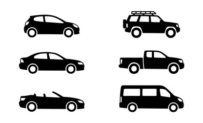 Obraz premium Black car silhouette icons, 6 vehicle vector set, transport side view signs