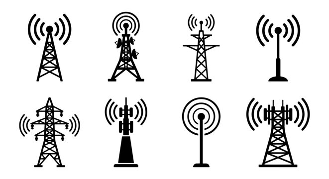 Radio tower icons, 8 telecommunication antenna vectors, signal mast set