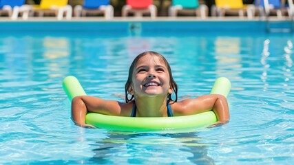 Naklejka premium Happy Hispanic Girl Floating with Pool Noodle, Summer Water Safety Training