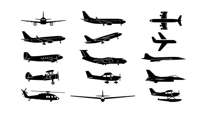 Airplane silhouette vector set, 15 aircraft icons, aviation transport