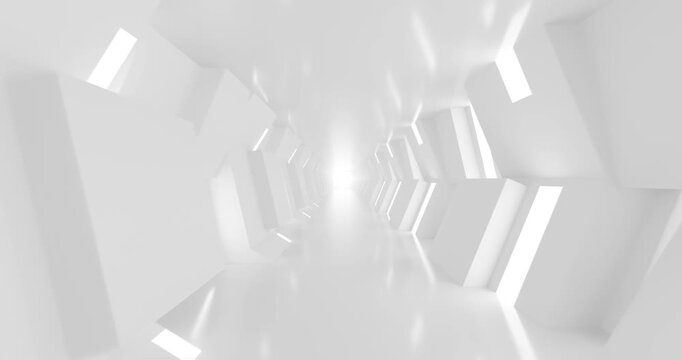 Minimal white futuristic sci-fi corridor with glowing panels looping animation