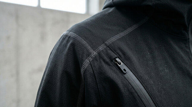 Close up macro detail of a waterproof zipper on a black tactical softshell jacket