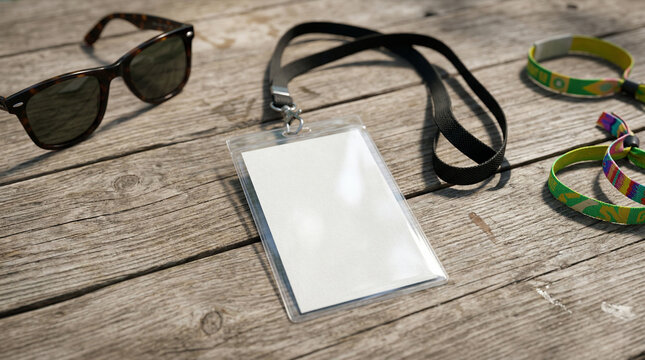 Blank VIP lanyard badge mockup on a wooden table with sunglasses and festival wristbands