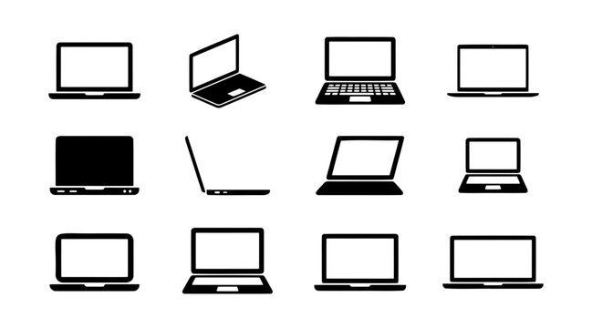 Laptop icon set, 12 computer vector symbols, black notebook silhouettes