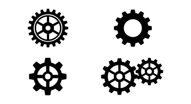 Industrial gear icons, mechanical cogwheel set, black vector machinery parts