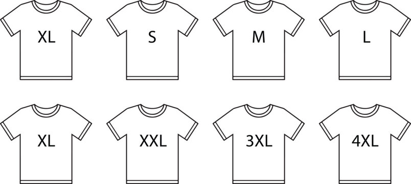 Minimalist T‑Shirt Size Icons Set &ndash; S to 4XL Outline Vector Collection for Fashion, Apparel, and Clothing Design