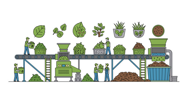 Dedicated workers in green uniforms operating a large industrial composting machine with various organic waste icons floating above in a clean setting.