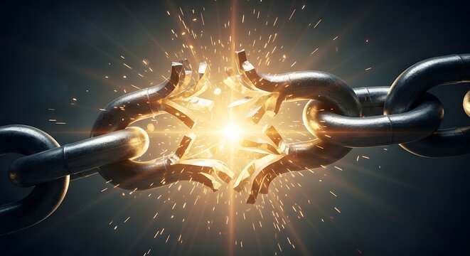 Dramatic depiction of breaking chains with a burst of golden light symbolizing freedom and empowerment