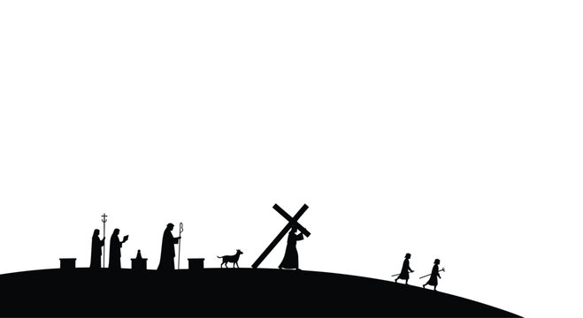 A black silhouette shows a procession of figures walking up a grassy hill with one figure carrying a large cross against a plain white background surface.