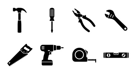 Fototapeta premium Construction hand tools icon set, 8 repair tool silhouettes, hardware vector